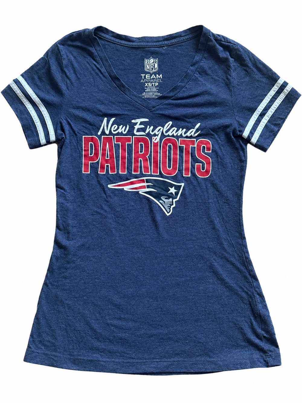 NFL New England Patriots Women's Navy V-Neck Tee with Red Logo NWOT